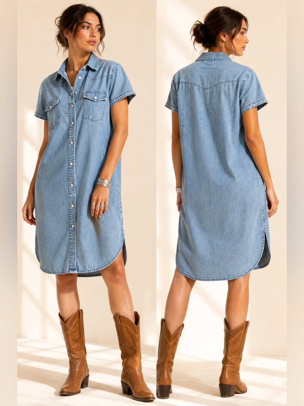 Vintage Western Back Yoke Denim Shirt Dress Pearly Snaps Cotton Size XL